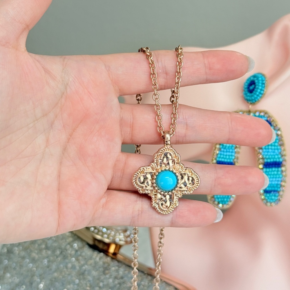Gold and Turquoise Pendant Necklace - Picture 7 of 8